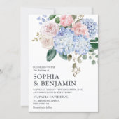 Dusty blue hydrangeas pastel pink roses wedding invitation (Front)