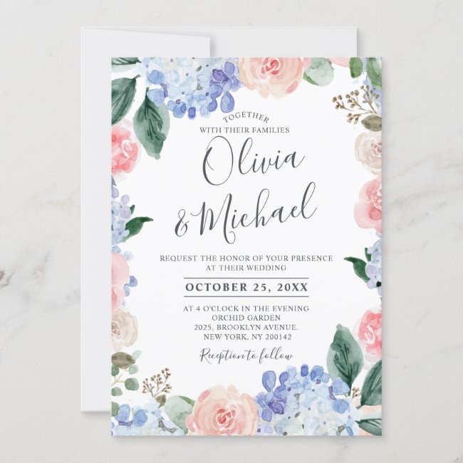 Dusty blue hydrangeas pastel pink roses wedding invitation