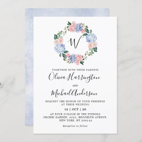 Dusty blue hydrangeas pastel pink roses wedding invitation