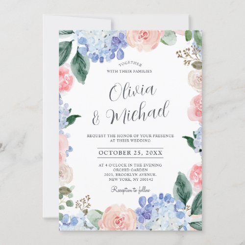 Dusty blue hydrangeas pastel pink roses wedding invitation