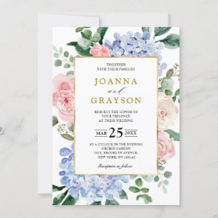 Dusty blue hydrangeas pastel pink roses wedding invitation