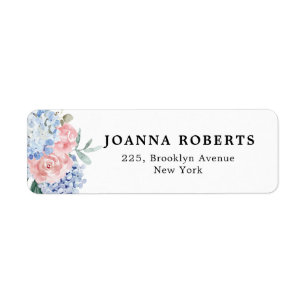 Dusty blue hydrangeas pastel pink roses wedding label