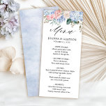 Dusty blue hydrangeas pastel pink roses wedding menu<br><div class="desc">Modern wedding menu featuring light blue/ dusty blue watercolor hydrangeas with pastel pink , blush, peach , white roses, peonies, sage eucalyptus leaves, branches and foliage. Muted soft and dreamy romantic shades spring summer watercolor floral designs to match with your themed wedding. Please find more matching designs and variations from...</div>