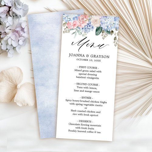 Dusty blue hydrangeas pastel pink roses wedding menu