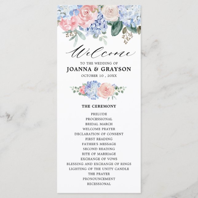 Dusty blue hydrangeas pastel pink roses wedding program (Front)