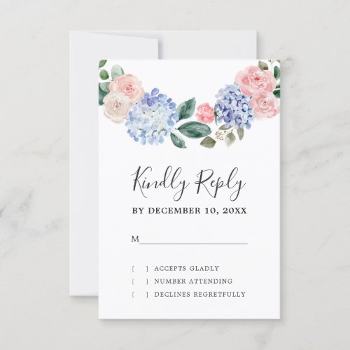 Dusty blue hydrangeas pastel pink roses wedding RSVP card