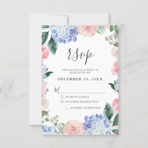Dusty blue hydrangeas pastel pink roses wedding RSVP card