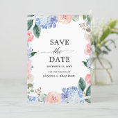 Dusty blue hydrangeas pastel pink roses wedding save the date (Standing Front)