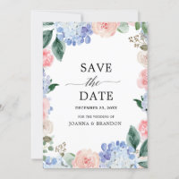 Dusty blue hydrangeas pastel pink roses wedding