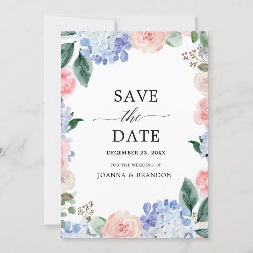 Dusty blue hydrangeas pastel pink roses wedding save the date
