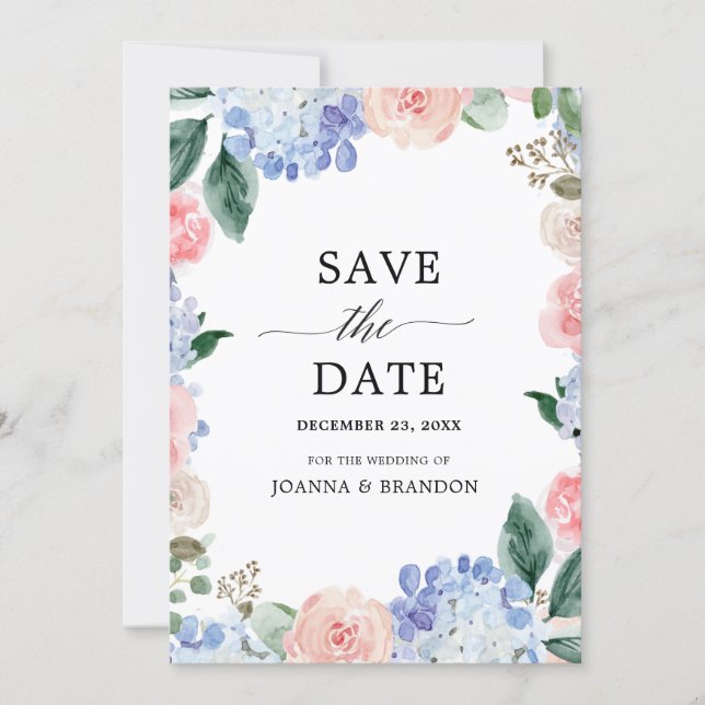 Dusty blue hydrangeas pastel pink roses wedding save the date (Front)