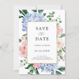 Dusty blue hydrangeas pastel pink roses wedding save the date