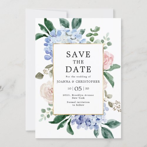 Dusty blue hydrangeas pastel pink roses wedding save the date