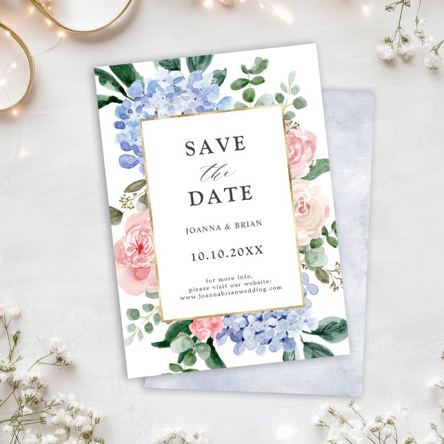 Dusty blue hydrangeas pastel pink roses wedding save the date (Dusty blue hydrangeas pastel pink roses wedding save the date)