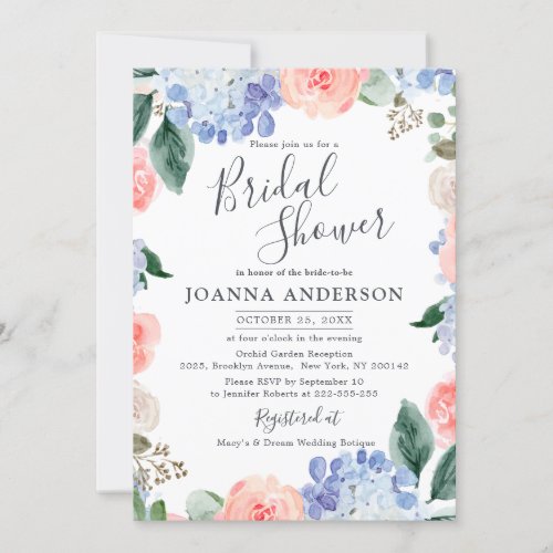 Dusty blue hydrangeas pink roses Bridal Shower Inv Invitation