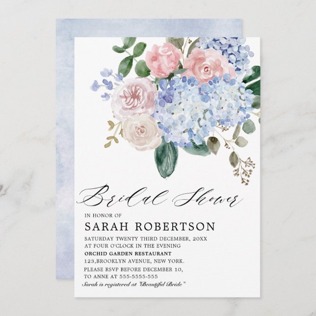 Dusty blue hydrangeas pink roses Bridal Shower Invitation (Front/Back)