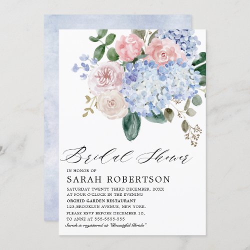 Dusty blue hydrangeas pink roses Bridal Shower Invitation
