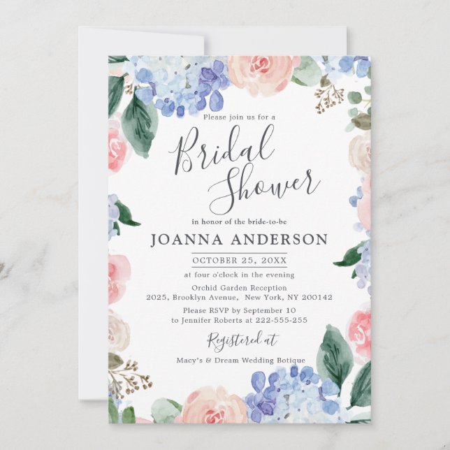Dusty blue hydrangeas pink roses Bridal Shower Invitation (Front)