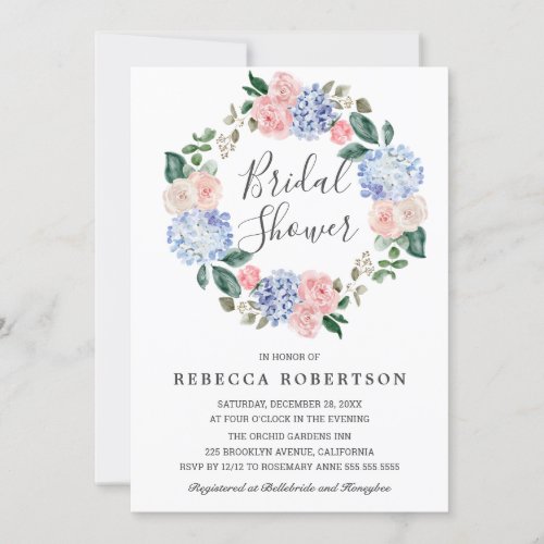 Dusty blue hydrangeas pink roses Bridal Shower Invitation