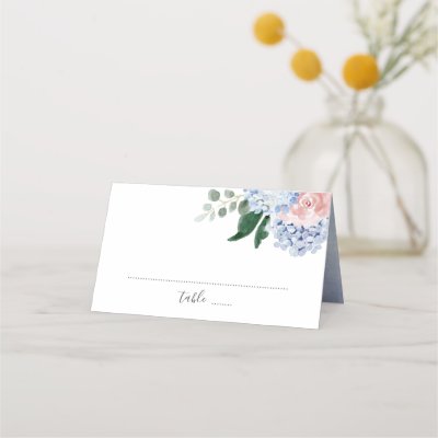 Dusty blue hydrangeas pink roses place card