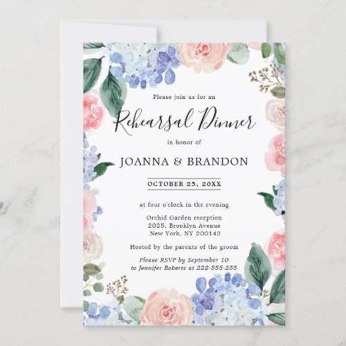 Dusty blue hydrangeas pink roses rehearsal dinner invitation