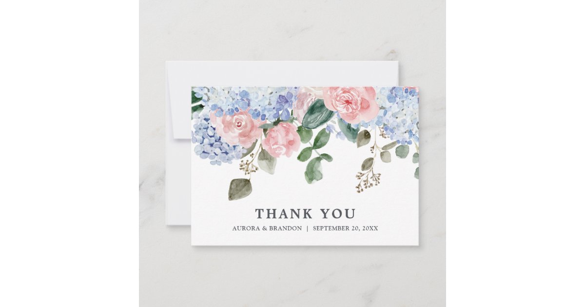 Dusty blue hydrangeas roses wedding anniversary thank you card | Zazzle