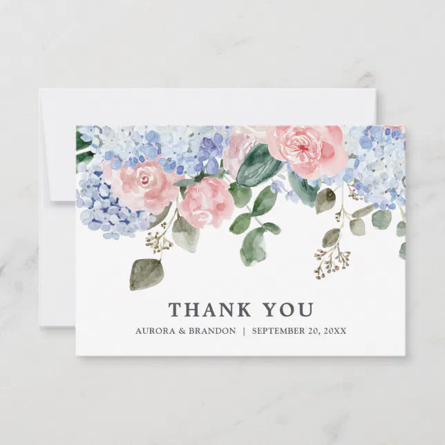 Dusty blue hydrangeas roses wedding anniversary thank you card | Zazzle