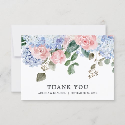 Dusty blue hydrangeas roses wedding anniversary thank you card