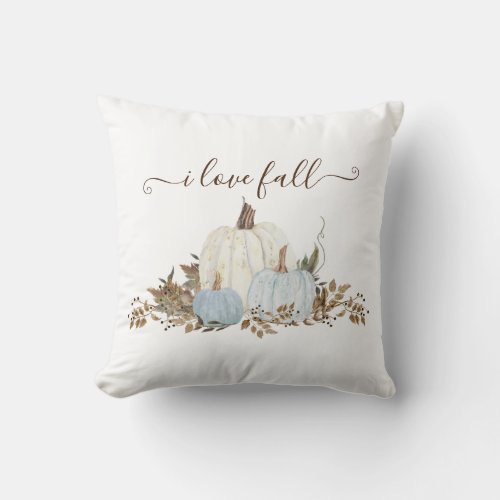 Dusty Blue I Love Fall White Pumpkins Country Throw Pillow