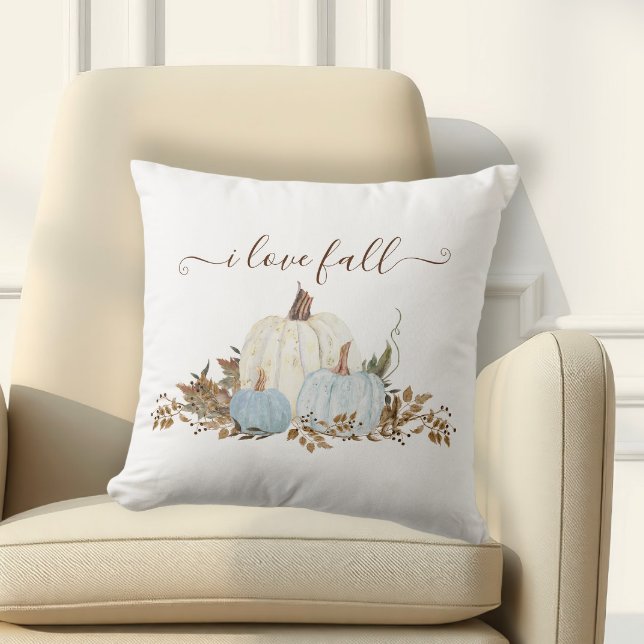 Dusty Blue I Love Fall White Pumpkins Country Throw Pillow (Creator Uploaded)