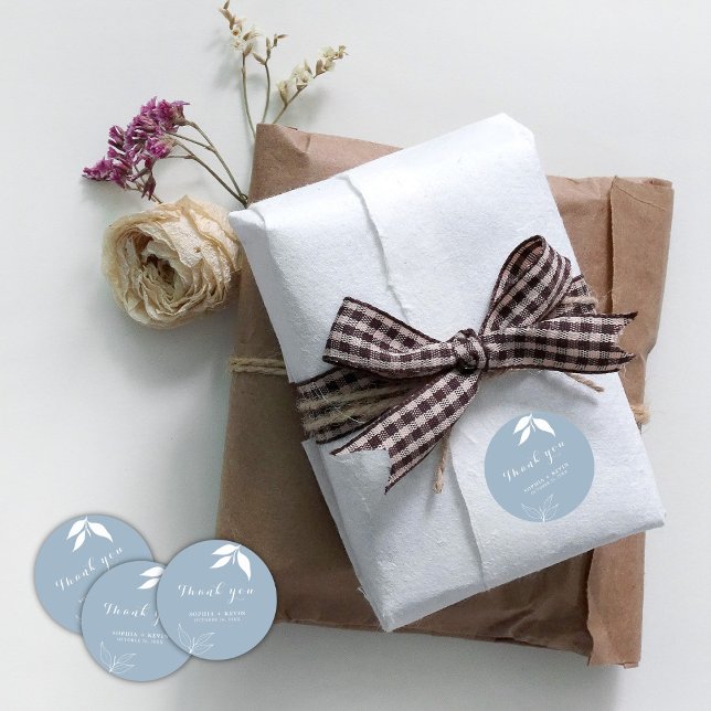 Dusty Blue I Minimalist  Branch Leaves Thank you   Classic Round Sticker (Creator Uploaded)