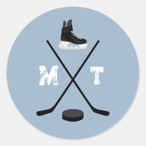 Dusty Blue Ice Hockey Classic Distressed Monogram Classic Round Sticker