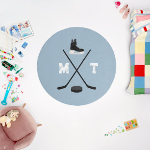 Dusty Blue Ice Hockey Classic Distressed Monogram Outdoor Rug