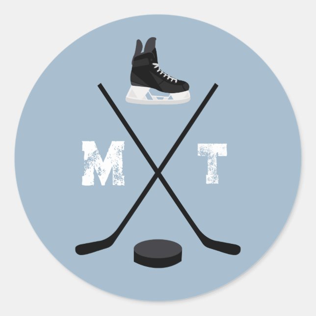 Dusty Blue Ice Hockey Classic Distressed Monogram Round Sticker (Front)