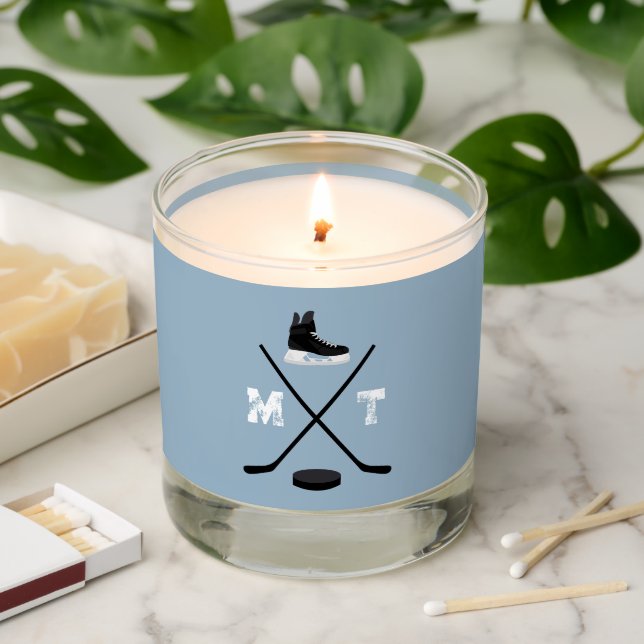 Dusty Blue Ice Hockey Classic Distressed Monogram Scented Candle (Lit)