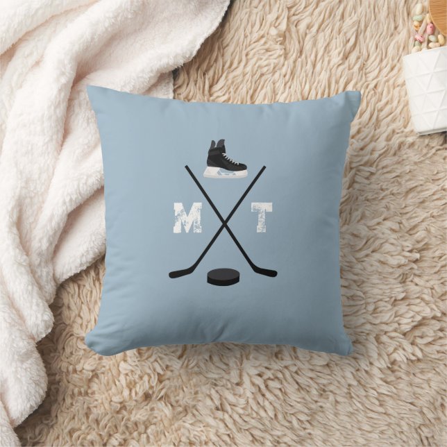 Dusty Blue Ice Hockey Classic Distressed Monogram Throw Pillow (Blanket)