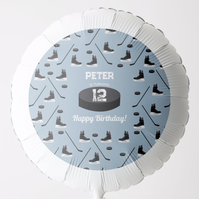 Dusty Blue Ice Hockey Stick, Skates Puck Birthday Balloon (Front)
