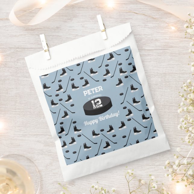 Dusty Blue Ice Hockey Stick, Skates Puck Birthday Favor Bag (Clipped)