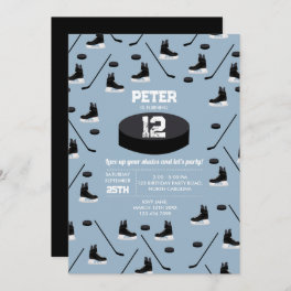 Dusty Blue Ice Hockey Stick, Skates Puck Birthday Invitation