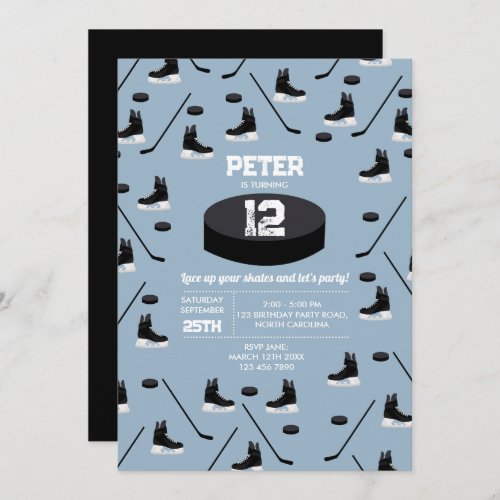 Dusty Blue Ice Hockey Stick Skates Puck Birthday Invitation