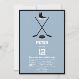 Dusty Blue Ice Hockey Stick, Skates Puck Birthday Invitation