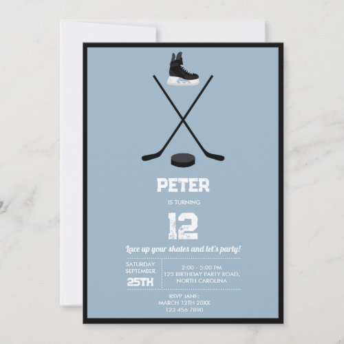 Dusty Blue Ice Hockey Stick Skates Puck Birthday Invitation