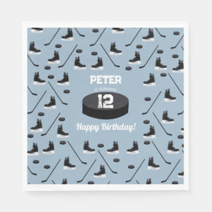 Dusty Blue Ice Hockey Stick, Skates Puck Birthday Napkins