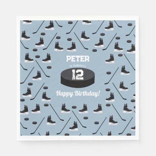 Dusty Blue Ice Hockey Stick Skates Puck Birthday Napkins