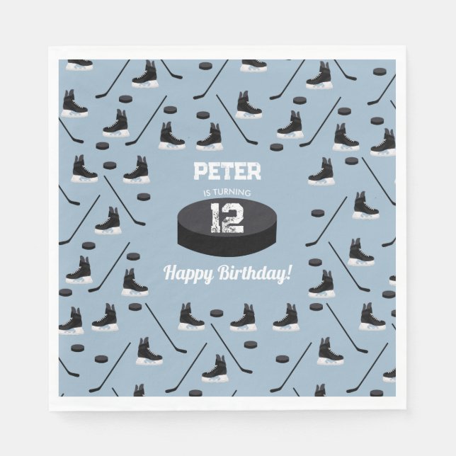 Dusty Blue Ice Hockey Stick, Skates Puck Birthday Napkins (Front)