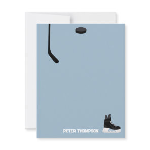 Dusty Blue Ice Hockey Stick, Skates Puck Birthday Note Card