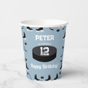 Dusty Blue Ice Hockey Stick, Skates Puck Birthday Paper Cups