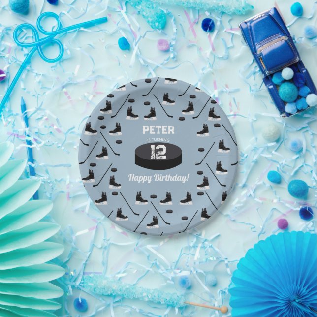 Dusty Blue Ice Hockey Stick, Skates Puck Birthday Paper Plates (Party)