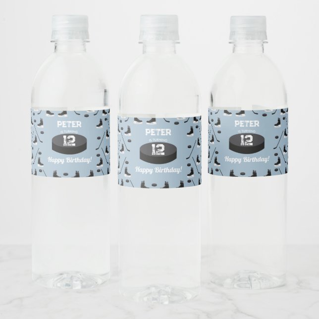 Dusty Blue Ice Hockey Stick, Skates Puck Birthday Water Bottle Label (Bottles)