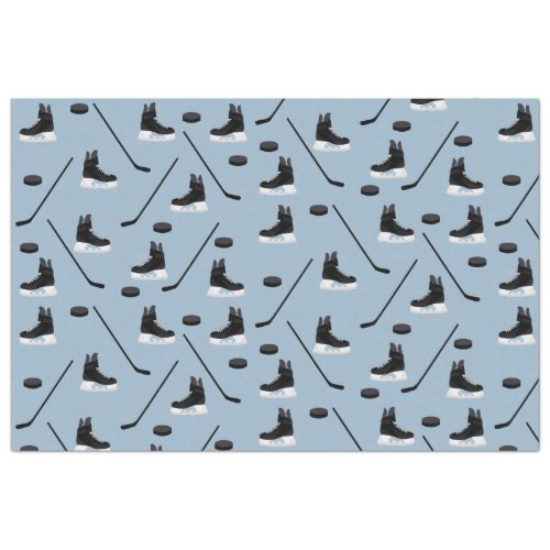 Dusty Blue Ice Hockey Stick Skates  Puck Pattern Tissue Paper